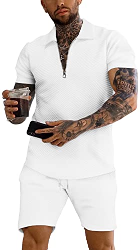 URRU Men's Polo Shirt and Shorts Set Summer Outfits Fashion Casual Short Sleeve Polo Suit for Men 2 Piece Shorts Tracksuit White S