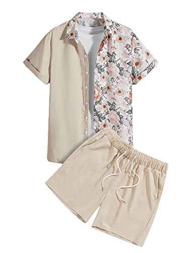 WDIRARA Men's Floral Print Blouse Button Front Shirt & Drawstring Waist Shorts Without Tee Multicolor M