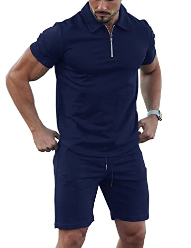 URRU Men's 2 Piece Gym Workout Suit Casual Short Sleeve Zip Tees Slim Shorts Solid Color Two Piece Set Navy M