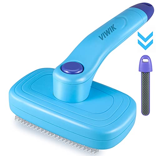 VIWIK Dog Brush for Shedding and Grooming, Cat Brushes for Indoor Cats, Self Cleaning Slicker Dog Brush for Long Short Haired Dogs, 2 in 1 Pet Brush & Pet Hair Remover for Sensitive Dogs, Cats Blue