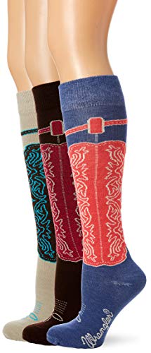 Wrangler Women's Ladies Wild West Boot Socks 3 Pair Pack, Blue/Khaki/Brown, Medium