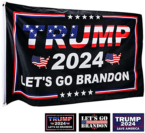 Trump 2024 Flag + 3 Trump Stickers [FJB Ultra MAGA USA Bundle] | Quality Trump Flag - Lets Go Brandon Flag - FJB Flag - Trump Flags - Biden Sucks - Military Flags - 2nd Amendment Flag - American Flag - Flags for Room | Vivid Bright Colors - Sun UV Fade & Weather Resistant - 3x5 Patriotic Flag - Double Stitching - Brass Gommets - 100D