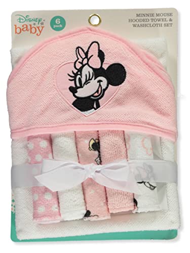 Disney Baby Minnie Mouse Hooded Towel with 5 Piece Washcloth Set, Rosy Dream Print, GS71796