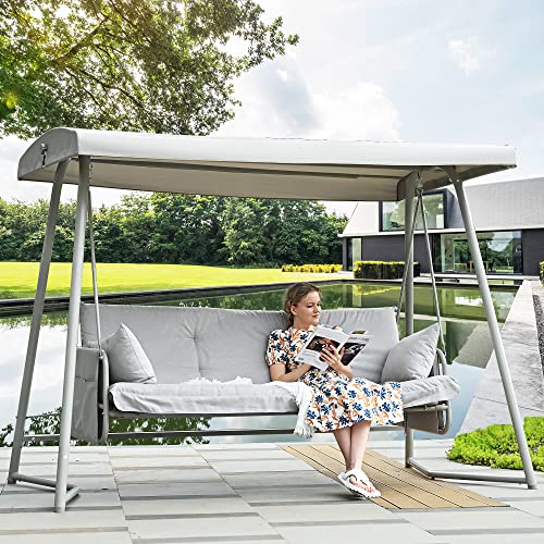 3-Seater Outdoor Convertible Canopy Swing Chair Bench Bed with Comfortable Cushion Seats for Patio Porch Garden