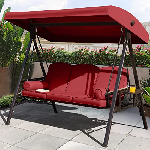 NOBLEMOOD Outdoor Porch Swing with Stand and Canopy, 3 Seat Freestanding Metal Porch Swing Bed with Cushions and Cup Trays for Backyard Outside Deck Lawn (Wine Red)