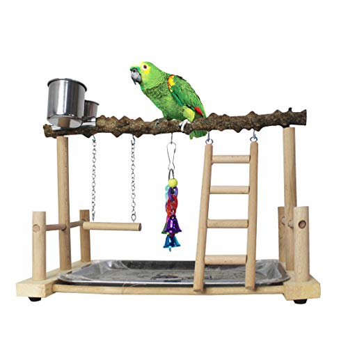 kathson Parrots Playground Bird Perch Play Gym Parrot playstand Wooden Play Stand with Feeder Cups Ladder Swings Exercise Toys for Parakeets Cockatiel Lovebirds Conures Budgie Cockatoos