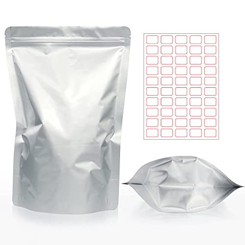 50 PCS8x12 inchStand Up Mylar Aluminum Foil Bags, Silver Resealable Smell Proof Bags with Label stickerFamily Daily life for Food long-term Storage Coffee,Tea,Cereal