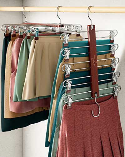 MORALVE Skirt Hangers Space Saving - European Beechwood Shorts Hangers & Skirt Hangers - Women Space Saving Skirt Hangers with Clips - Closet Organizers & Storage 5 Tier Skirt Hanger Skirt Organizer