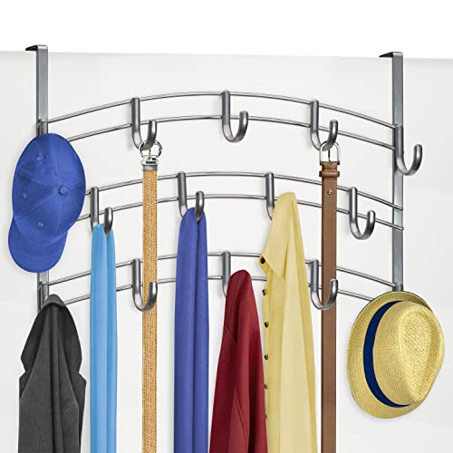 Lynk Over Door Hook Rack - 14 Hook - Shirt, Belt, Hat, Coat, Towel, Purse, Bra Organizer - Platinum