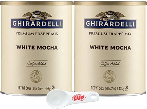 Ghirardelli White Mocha Premium Frappe Mix, 3.12 lb Can, Coffee Added (Pack of 2) with By The Cup Scoop