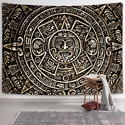 Aztec Mayan Tapestry Wall Hanging, History Close View Of The Ancient Aztec Calendar Mayan Civilization Wall Art Decor, Ethnic Tapestry Wall Hanging Art for Bedroom Living Room Dorm Office 60x40