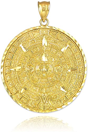 14K Yellow Gold Round Aztec Mayan Calendar Charm Pendant - 30.48 Millimeters