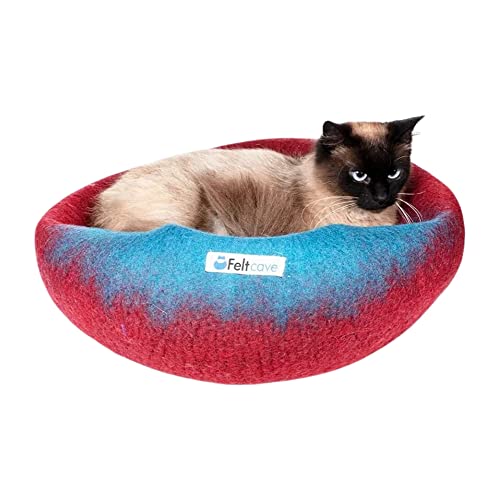 Feltcave Medium Cat Cave Bed - Cute Cat Bed Cave Handcrafted from Flawless Merino Wool - Snuggly Cat Caves for Indoor Cats - Respected as The Premium Wool Cat Cave (Maroon & Aqua)