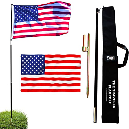 The Traveler Portable Flag Pole Kit. Includes 11ft Telescoping Fiberglass Pole with 1 Base, Steel Ground Spike, A Beautiful 3'x5' US Flag And A Storage Bag. For Camping, RV, Beach And Tailgating.