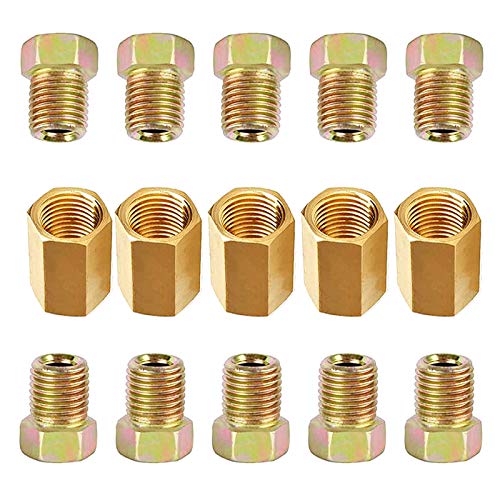MuHize 15 Pieces 7/16-24 Threads Brake Line Fittings Assortment for 1/4 Brake Line Tube (5 Unions, 10 Nuts)