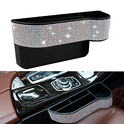 Bling Car Seat Side Drop Organizer, Sparkle Car Seat Gap Filler, Car Seat Console Storage Organizer, Bling Crystal Car Seat Pockets with Cup Holder and Two Charging Ports for Co-Driver.