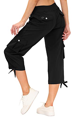MoFiz Women's Hiking Capris Pants Lightweight Quick Dry Running Athletic Casual Outdoor Cargo Pants for Women Pockets Black S