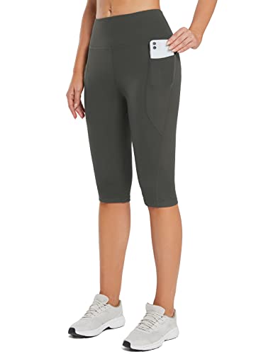 BALEAF Women's Yoga Capri Pants Knee Length Leggings High Waisted Petite Casual Workout Exercise Capris with Pockets Gray M