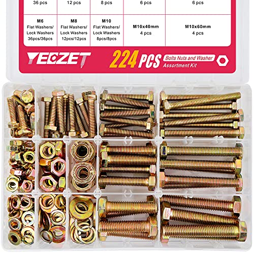 YEEZET 224PCS Grade 8.8 M6 M8 M10 Heavy Duty Bolts and Nuts Assortment Kit Includes 8 Most Common Sizes
