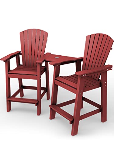 KINGYES Balcony Chair Tall Adirondack Chair Set of 2 Outdoor Adirondack Barstools with Connecting Tray - Patio Stools Weather Resistant for Deck Balcony Pool Backyard, Red
