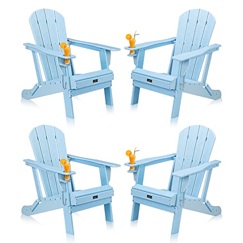 VINGLI Plastic Adirondack Chairs Set of 4, Folding with Cup Holder, Waterproof HDPE Material, Comfortable 380lb Weight Capacity for Outdoor Pool Patio Lounge Chair Lawn Furniture Firepit (Blue)