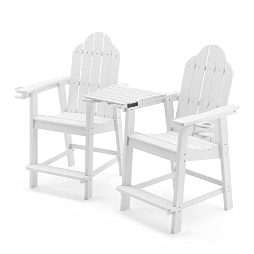 LUE BONA Tall Adirondack Chairs Set of 2 with Removable Table,Poly Adirondack Chair Bar Stools with Cup Holder, 25.6", 300Lbs, Balcony Chair, Weather Resistant Patio Stool for Balcony,Deck,White