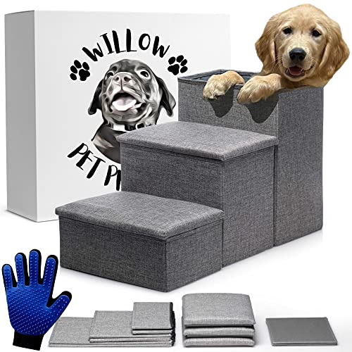 Dog Stairs for High Beds or Couch- Foldable Dog Steps W/Storage- Pet Steps for Small Dogs, Medium Dogs, Puppy Stairs- Use as a Dog Window Perch or Cat Stairs for Old Cats- Dog Grooming Glove Included