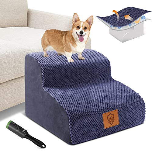 Kphico Dog Stairs,High Density Foam Pet Stairs 2 Tiers,11.8" High Non-Slip Pet Ramps/Ladder with Removable Cover,Best for Dogs Injured,Pets with Joint Pain-Send 1pcs pet Hair Remover Roller(Blue)