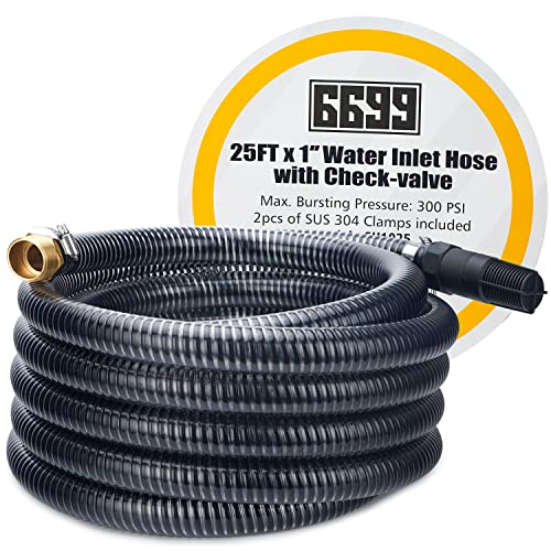6699 Water Suction Hose 25FT Including Check Valve and NPT 1-inch Thread, Corrugated Pipe with Brass Adapter Easy to Use for Shallow Well Garden Sprinkler Pump