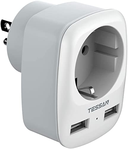 TESSAN Europe to US Plug Adapter with AC Outlet and 2 USB Ports, EU to US Plug Adapter, European to US Travel Converter, Most of Europe EU Spain Germany France Type C/E/F Plugs to US Power Adapter