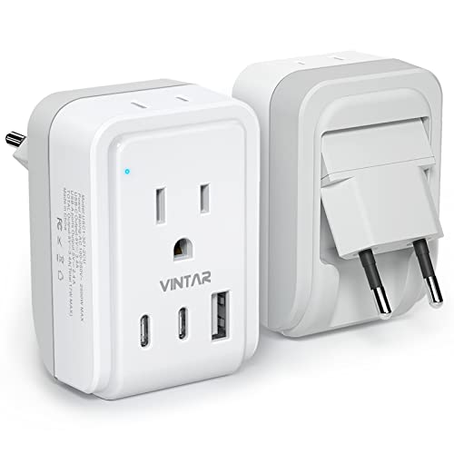 European Travel Plug Adapter, VINTAR Foldable International Power Plug with 2 AC Outlets 3 USB Ports(2 USB C), Type C Travel Essentials Charger for US to Most of Europe EU Italy Spain France Germany