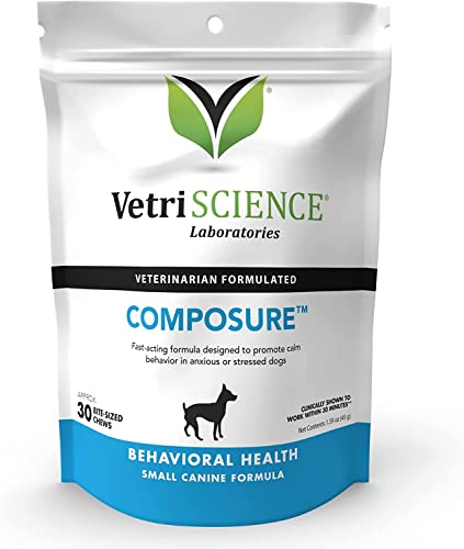 VETRISCIENCE Composure Clinically Proven Calming Chews, Chicken, 30 Chews - Fast Acting Stress, Barking and Anxiety Relief for Small Dogs