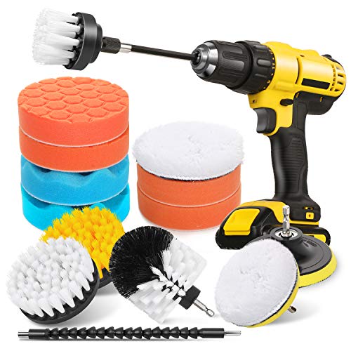 HIWARE 16 Pcs Drill Brush Car Detailing Kit - Car Polishing & Buffing Pads Kit - Soft Bristle Power Scrubber with Extend Attachment for Cleaning Car Interior, Boat, Carpet Upholstery, Bathroom