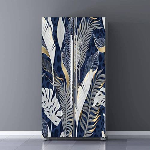 Self Adhesive Vinyl Refrigerator Wrap Set Seamless with White Tropical Leaves with Gold Elements on Blue Door Mural Sticker Removable Fridge Sticker Full Door Cover Peel and Stick Kitchen Decor