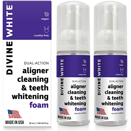 Divine White Dual-Action Stain Removal Aligner/retainer Cleaner and Teeth Whitening Foam- Hydrogen Peroxide-Good for Invisalign, ClearCorrect, SmileDirectClub, Byte -Oral Care-Foam Toothpaste, 2-Pack