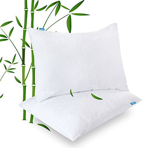 Waterproof Pillow Protector Standard Size 2 Pack 100% Bamboo Cooling Pillow Cases Noiseless Hidden Zipper fit 26X20 White Pillows Encasement Pillowcase Covers Machine Wash