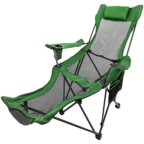 Happybuy Folding Camp Chair with Footrest Mesh, Lounge Chair with Cup Holder and Storage Bag, Reclining Folding Camp Chair for Camping Fishing and Other Outdoor Activities (Green)