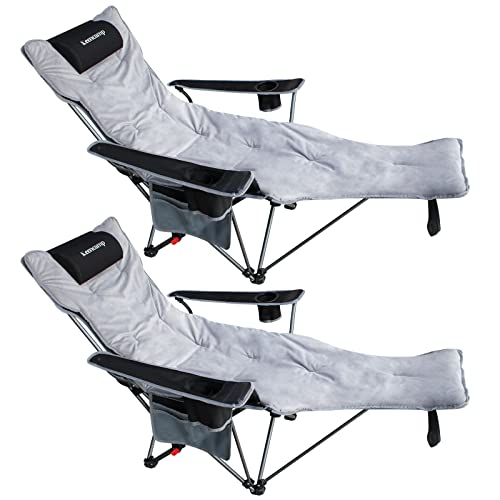 Keencamp 2-Pack Reclining Camping Chair with Foot Rest Lightweight Folding Lounge Mesh Chair Adjustable with Removable Cotton Cushion for Beach Lawn Picnics