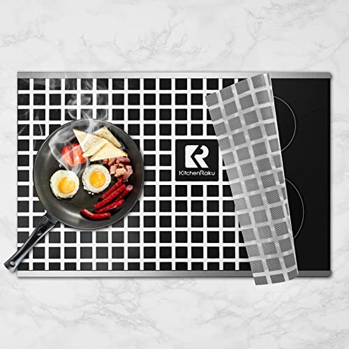 KitchenRaku Large Induction Cooktop Protector Mat with Plastic Bowl Scraper, (Magnetic) Electric Stove Burner Covers Antiscratch as Glass Top Stove Cover or Electric Stove Top (20.4" x30.7", Black_White)