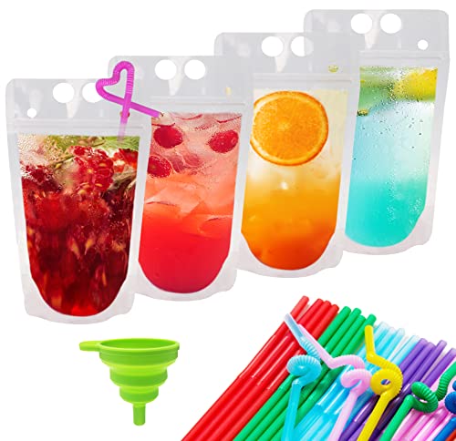 100 Pcs Drink Pouches for Adults, Clear Juice Pouches, Hand-held Reusable Drink Pouches with Straws Funnel Smoothie Heavy Duty Drink Bags for Cold Hot Drinks