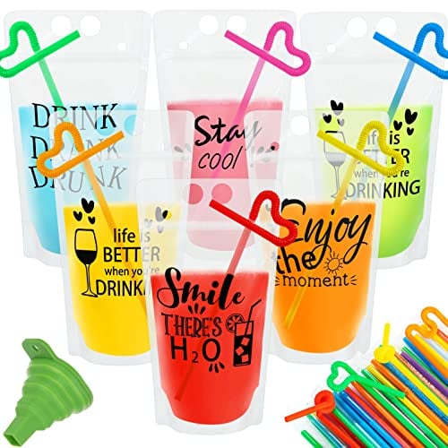 Ozera 50 Pcs Drink Pouches for Adults, Reusable Drink Pouches with Straws Funnel, Funny Text Juice Pouches for Adults Teen, Novelty Hand-held Plastic Smoothie Pouches for Drinks(5 Styles)