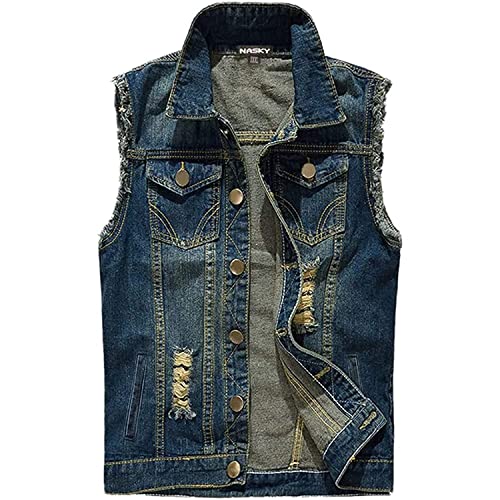 NASKY Men's Fit Retro Ripped Denim Vest Sleeveless Lapel Jean Vest Jacket Waistcoat Top(Large,Dark blue)