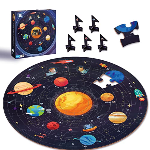 TAOZI&LIZHI Solar System Floor Puzzles Kids Ages 3-5, 4-8, Large 48 Pieces Round Space Planets Jigsaw Puzzle Toys, Educational Learning Birthday Gifts for 6 7 8-Year-Old Toddlers Boys Girls Children