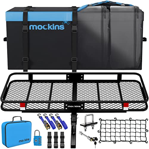 Mockins 60"x24"x6" XL Heavy Duty Trailer Hitch Cargo Carrier Hitch Mount |500lb Cap. Folding Receiver Hitch Cargo Rack w/Waterproof 25 Cu Hitch Cargo Carrier Bag |Fits 2" Cargo Hitch Receiver