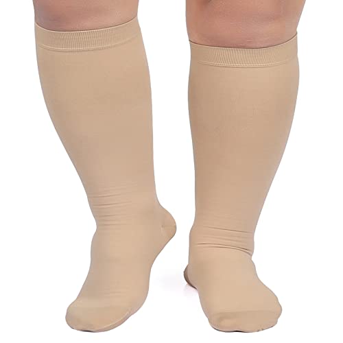 MGANG Compression Socks, Closed Toe, 20-30 mmHg Graduated Compression Knee High Support Stockings for Unisex, DVT, Pregnancy, Varicose Veins, Swelling, Edema, Shin Splints, 1 Pair, Beige L