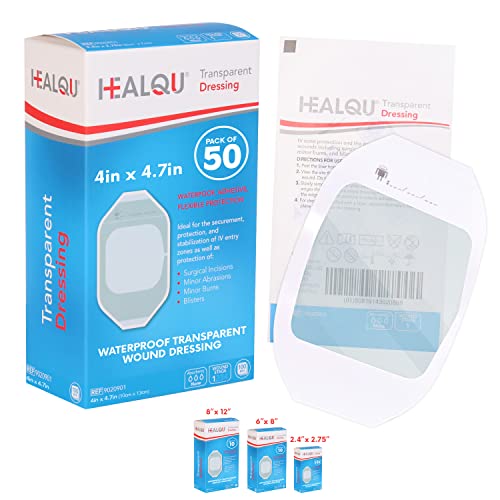 HEALQU Transparent Film Dressing, 4" x 4.7" Pack of 50 Waterproof Wound Bandage Adhesive Patches, Post Surgical Shower or IV Shield,Tattoo Aftercare Bandage by Healqu