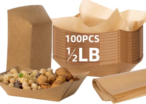 100 PCS Paper Food Trays 0.5 lb Food Holder Trays,Eco Friendly Food Boats,Disposable Brown Paper Food Boats for Festival,Carnival,Serving Boats for Concession Food and Condiments,Mini Food Trays