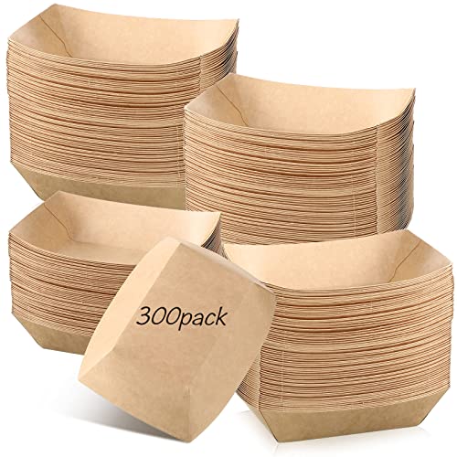 Paper Food Trays, 2 lb Paper Boats for Food Heavy Duty Nacho Trays, Kraft Disposable Food Tray Paper Food Containers for Hot Dog Snack Fast Food Tacos French Fries Party Supplies(300 Pack)