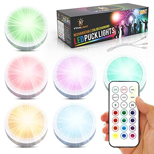 VYANLIGHT LED Puck Lights, Color Changing Rechargeable Light with Remote, 16 Colors RGB Dimmable Lighting, Battery Powered Tap Light for Under Counter, Closet, Wardrobe, Locker, Magnetic Light, 6 Pack