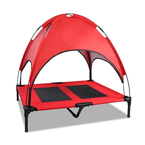 AGESISI Elevated Dog Bed with Canopy - Portable Raised Dog Bed Cooling Dog Place Board Mesh Pet Cot for Large Dogs Oxford Fabric Removable Canopy Shade for Camping Beach Indoor Outdoor 36 inch, Red